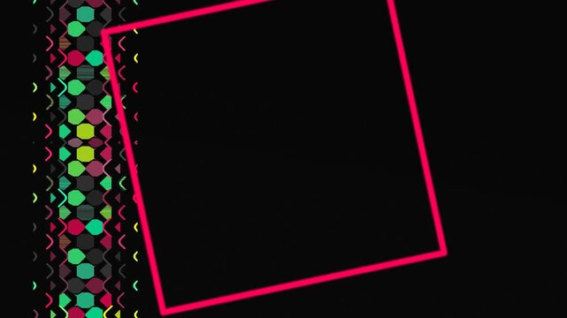 A patterned edge with a geometric design borders a black field with a pink frame