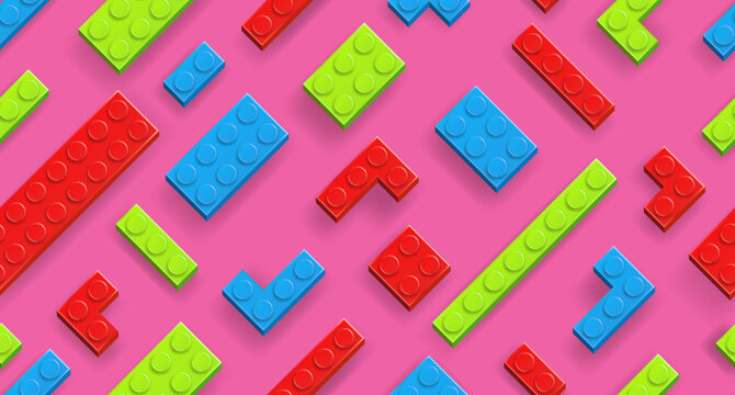 Seamless background made with realistic multicolor plastik constructor blocks on dark pink background. Play and build concept. Vector illustration
