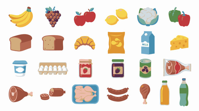 Assortment of fresh produce, dairy, meats, and packaged grocery goods