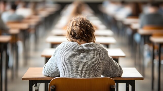 Back view of student sitting alone at desk in exam hall.