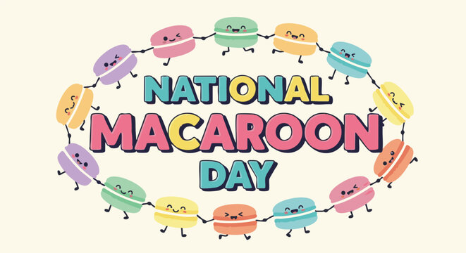 Colorful macaroons in smiley faces forming circle around National Macaroon Day text in playful festive lighting for social media