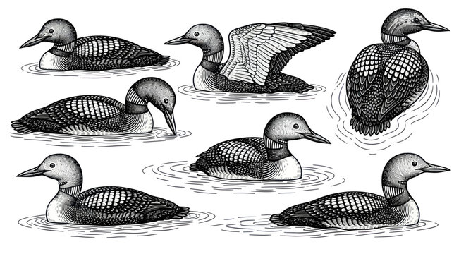 Vintage Engraving Style Loons Floating on Water - Set of 7 Illustrations