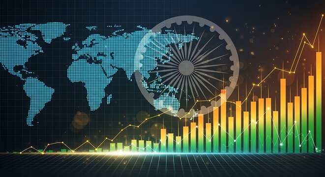 India Economic Growth Concept with Ashoka Chakra, World Map and Rising Financial Bar Charts Representing Emerging Market Success