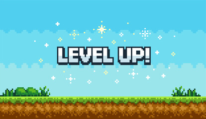 Pixel art game background with button level up. Game design concept in retro style. Vector illustration eps 10 © Bohdan