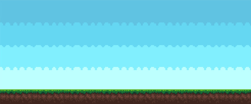 Pixel Art Game Background with Grass Platform and Sky Landscape