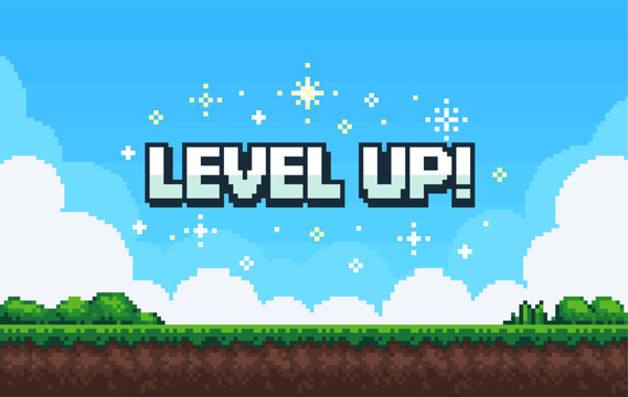 Pixel art game background with button level up. Game design concept in retro style. Vector illustration eps 10