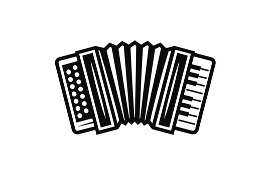 Black and white accordion vector icon, a classic musical instrument with distinctive bellows, piano-style keys, and button bass. Ideal for folk music, polka, world music, traditional melodies, sound,