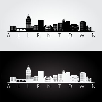 Allentown, PA skyline and landmarks silhouette, black and white design, vector illustration.  