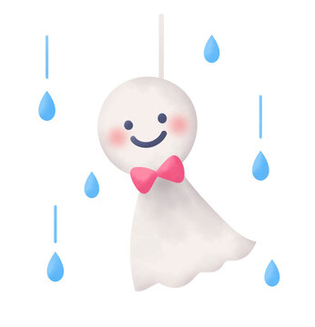 笑顔のてるてる坊主と雨粒のイラスト