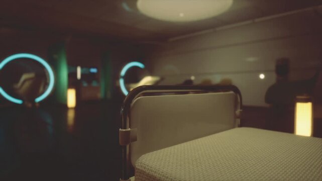 Dimly lit futuristic sleeper cabin with soft neon rings, compact bed and ambient lanterns, cinematic airlinestyle interior, quiet warm mood, staged