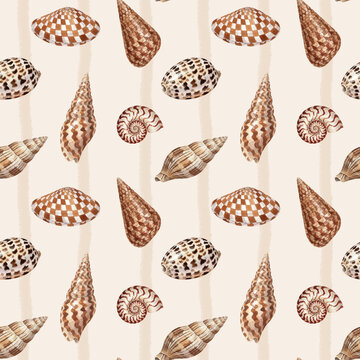 Seamless Watercolor Seashell Pattern on Beige Striped Background