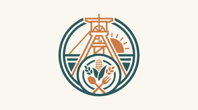 Stylized Emblem Depicting Mining Tower Sun and Harvest Elements