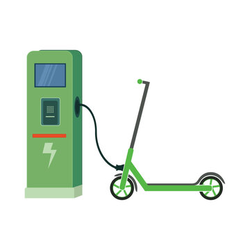 Electric scooter charging at station, sustainable micro mobility, vector illustration