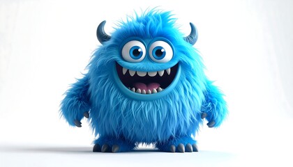 A fluffy, smiling, cartoon monster with blue fur, large eyes, and horns stands against a white background, seemingly friendly