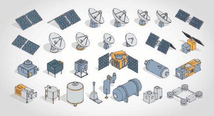 Collection of Isometric Space Satellites and Components. © mbak