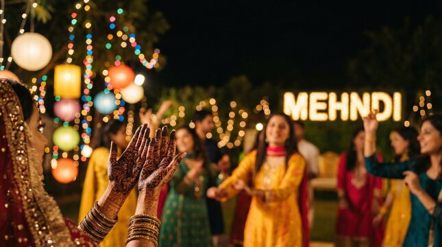 Women celebrate pakistani mehndi night with henna and lights