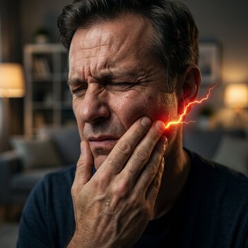 Man suffering from sudden sharp facial pain 

Trigeminal neuralgia symptoms concept with lightning bolt effect 

Severe toothache or jaw pain in adult man 

Electric shock sensation in face, neuropath