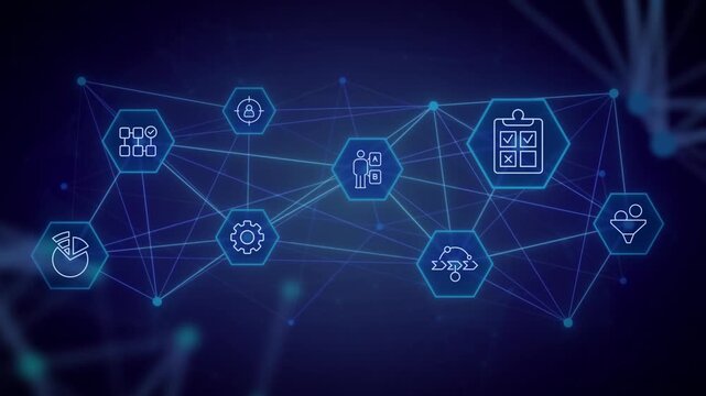 Research methodology animated banner with line icons. Marketing planning, audience. Outline symbols on dynamic background. Dark to light transition. HD video for website header, presentation