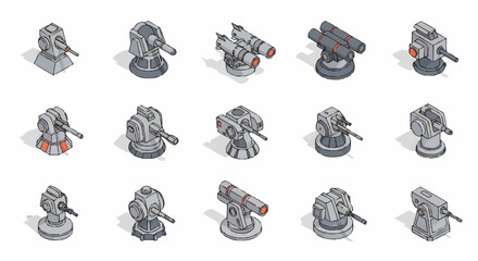 Collection of Isometric Turret Designs for Gaming and Technology. © mbak