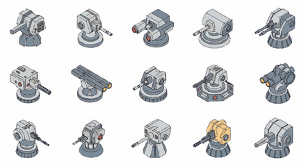 Set of Isometric Military Turrets and Cannons. © mbak