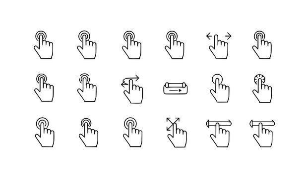 Minimal hand cursor icons set with click and touch gestures for app interface and web navigation vector
