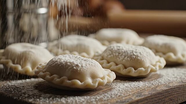 Delicious pierogi being dusted with flour on wooden board for cooking preparation
