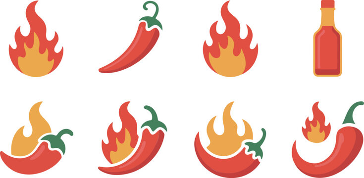 Flat vector collection of eight red chili pepper and hot sauce symbols with flame accents simple clean cooking and spice icons