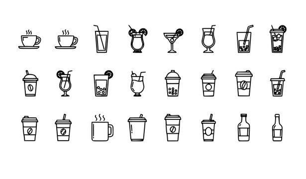 Minimal beverage icon set coffee juice cocktail smoothie bubble tea line icons vector isolated on white background