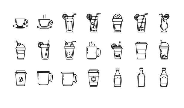 Modern beverage outline icons coffee cocktail smoothie bubble tea drink set editable stroke vector isolated on white