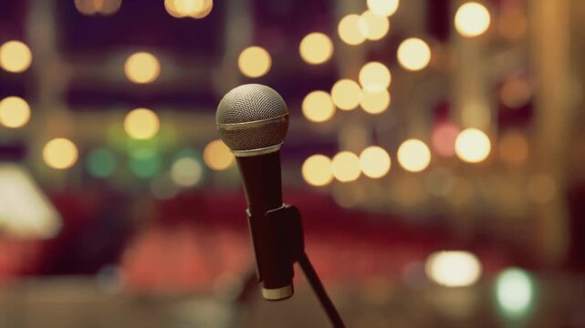 Microphone on stage with bokeh lights, warm vintage ambience in empty auditorium, spotlight glint on metal grill, closeup shallow focus evokes anticipation,