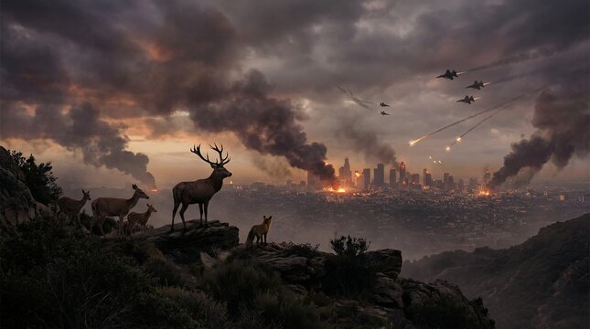 Deer and fox watch cityscape destruction with fighter jets bombing.