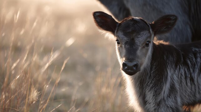 Close-up of a young calf standing in a field of tall grass. the calf is facing the camera and is looking directly at the camera with a curious expression.