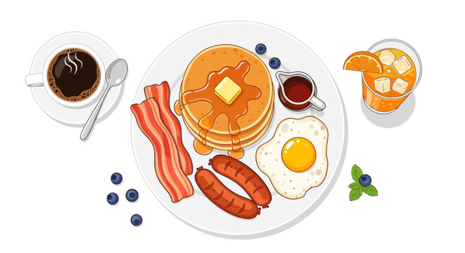 Delicious breakfast plate with pancakes bacon eggs and sausages on a table