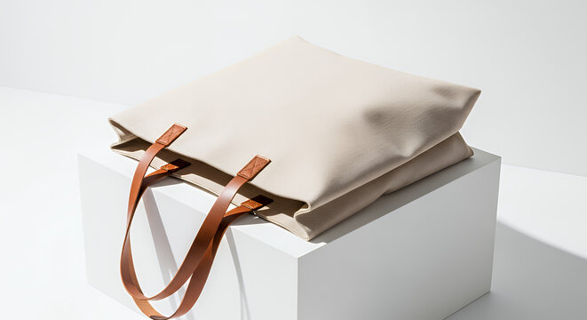 Beige canvas tote bag with brown leather handles on white cube minimalist design shopping bag mockup tote bag mockup mockup fabric bag tote blank canvas cloth design eco fashion cotton shopping empty 