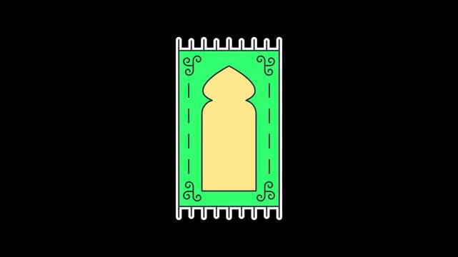 Elegant seamless looping animation of a green pulsing prayer mat; Islamic worship and prayer symbol for spiritual content on a transparent alpha channel background in 4k horizontal format