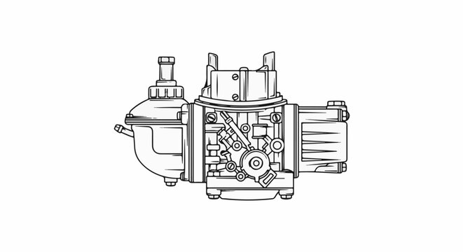 Detailed technical line drawing of a mechanical carburetor, front view