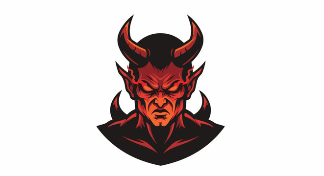 Fierce red-skinned demon head with sharp horns and fiery eyes