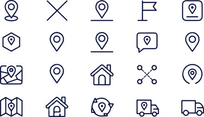 Minimalist line art location and navigation icon set with map pins, markers, flags, and house symbols modern vector grid design © Mehg