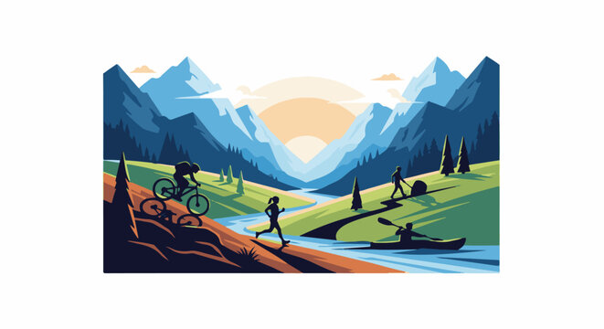 Mountain valley sunrise with people biking, running, hiking, and kayaking