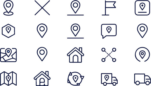 Minimalist line art location and navigation icon set with map pins, markers, flags, and house symbols modern vector grid design