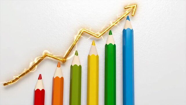 Colorful pencils forming an upward trend graph with golden glowing arrow on white background for business growth and creative success