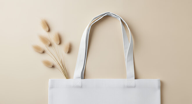 White tote bag mockup with a lagurus decoration on the beige background tote bag mockup mockup fabric bag tote blank canvas cloth design eco fashion cotton shopping empty background
