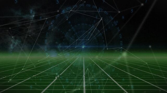 Displaying green wireframe grid with vanishing line shifting in cyberspace, with polygonal network