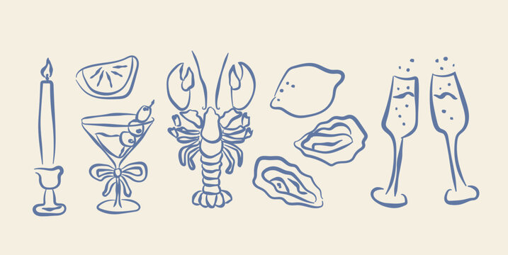 Seafood and martini naive doodle icon set vector illustration