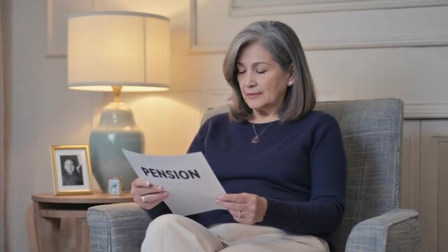 Senior person looking at pension document.