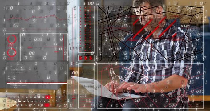 Professional man typing on laptop in home office, initiating HUD overlays and analyzing tech charts