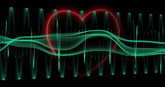 Animated red heart and teal waveform ribbons pulsing to music beat, aligning spikes, brightening