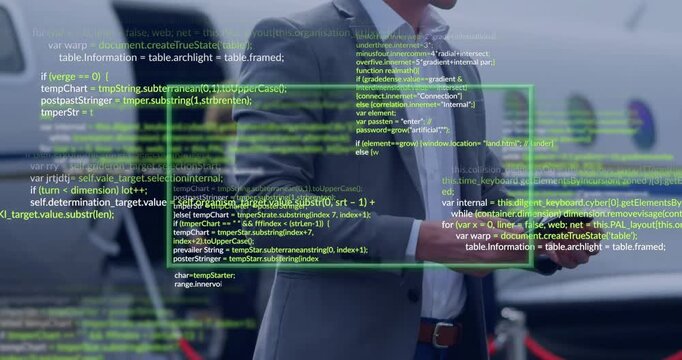 Male exec manipulating phone at jet ramp, verifying flight data via green UI code