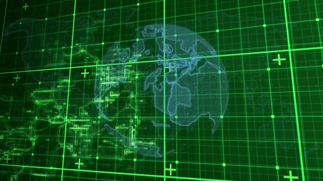 Globe appearing left, rotating and shifting while crosshair sliding, nodes pulsing visualizing data