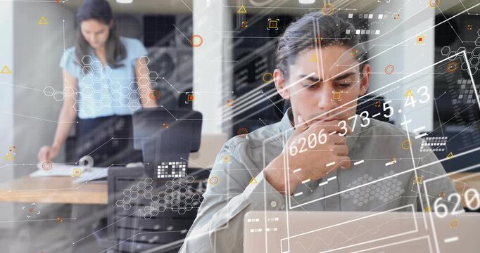 Data pinging overlays analyst scrolling laptop while assistant sorting papers updating file